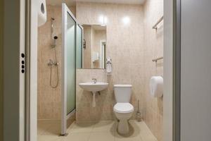 toilet and detail of a corner shower cabin with wall mount shower attachment photo