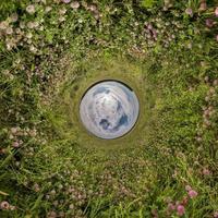 esfera azul pequeño planeta dentro de hierba verde fondo de marco redondo. foto