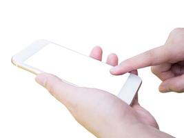 Hand holding smart phone isolated on white background photo