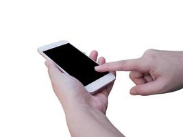 Hand holding smart phone isolated on white background photo