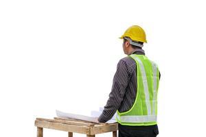 engineer worker with blueprint and safety helmet isolated on white background photo