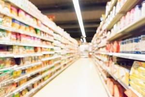 Abstract blur supermarket aisle with product on shelves defocused background photo