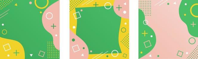 Set of Memphis style background with abstract shapes. Cover with a geometric pattern in yellow, green and pink. Vector illustration of a template for a leaflet, advertisement, banner.