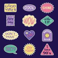 A set of stickers with abstract shapes and quotes in the style of the 1990s. Vector colorful elements isolated on a dark background.