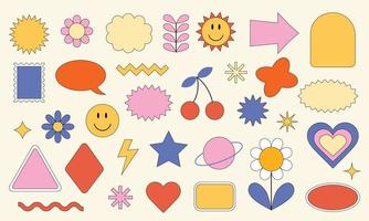 A set of stickers with abstract figures in the style of the 1990s. Vector shapes in pastel shades isolated on a light background.