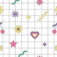 Seamless pattern with retro elements and a grid in the style of the 1990s. Bright vector wallpaper stickers positive