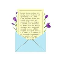 An illustration with an envelope, purple crocuses and a blank vector