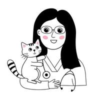 linda veterinaria con un gatito en las manos. vector