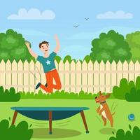 A boy in the backyard jumps on a springboard. vector