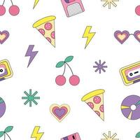 White seamless pattern with retro elements in 1990s style. Bright vector wallpaper stickers positive. Colorful wallpaper, textile or surface design