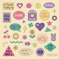 A set of stickers with abstract shapes and quotes in the style of the 1990s. Vector colorful elements isolated on a white background