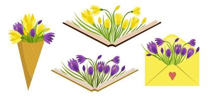 Set of illustration of yellow and purple flowers vector