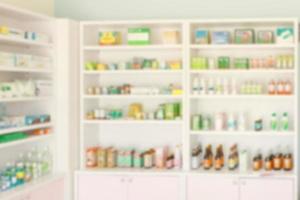 Pharmacy drugstore blur abstract backbround with medicine and healthcare product on shelves photo