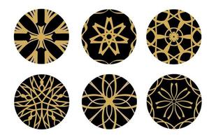conjunto de adornos geométricos dorados y de dibujo a mano con forma tribal en círculos negros. diseñado en estilo ikat, boho, azteca, folk, motivo, gitano y árabe. elementos para su diseño. ilustración vectorial vector
