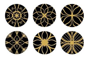 Set of Gold Geometric and Hand Drawing Ornaments with Tribal Shape in black circles. Designed in Ikat, Boho, Aztec, Folk, Motif, Gypsy, and Arabic Style. Elements for your design. Vector Illustration.