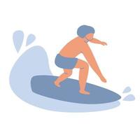 personaje surfista en traje de neopreno cabalgando sobre una ola oceánica. deporte acuático de verano con tabla de surf, club de surf o escuela, ilustración de vector de pasatiempo activo