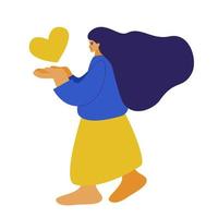 Stylized flat yellow blue long hair girl goes carrying heart in hands. Minimalistic concept of love and peace, open heart and harmony sharing vector illustration