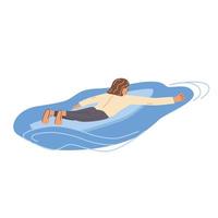 Male surfer swmming on surfboard vector flat illustration. Guy in swimwear prepares for wave ride at sea or ocean. Surf man oaring and enjoying active lifestyle