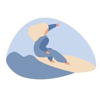 Girl surfer abstract character in swimsuit riding on ocean wave. Summer water sport with surfboard, surfing club or school, active hobby vector illustration