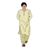 Young Pakistani Man wearing shalwar Kameez, kurta. South Asia traditional dress, muslime male walking cloth vector illustration