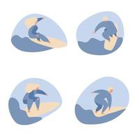 Vector flat style set of surfing boy and girl surfers stylized silhouettes with waves. Minimalism design off wave riders in different poses vector illustration