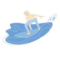 surfer character in wetsuit riding on ocean wave. Summer water sport with surfboard, surfing club or school, active hobby vector illustration