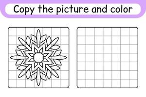 Copy the picture and color snowflake. Complete the picture. Finish the image. Coloring book. Educational drawing exercise game for children vector