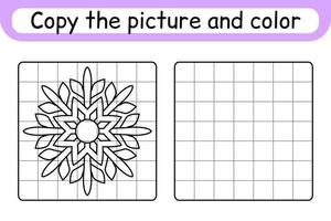 Copy the picture and color snowflake. Complete the picture. Finish the image. Coloring book. Educational drawing exercise game for children vector