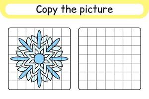 Copy the picture and color snowflake. Complete the picture. Finish the image. Coloring book. Educational drawing exercise game for children vector