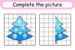 Complete the picture christmas tree. Copy the picture and color. Finish the image. Coloring book. Educational drawing exercise game for children vector