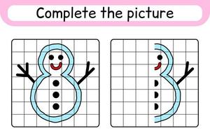 Complete the picture snowman. Copy the picture and color. Finish the image. Coloring book. Educational drawing exercise game for children vector