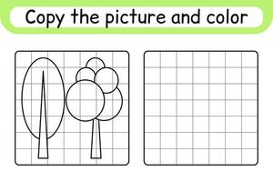 Copy the picture and color tree. Complete the picture. Finish the image. Coloring book. Educational drawing exercise game for children vector