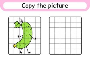 Copy the picture and color cucumber. Complete the picture. Finish the image. Coloring book. Educational drawing exercise game for children vector