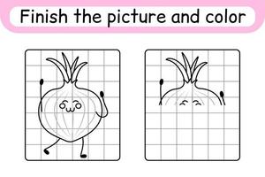 Complete the picture onion. Copy the picture and color. Finish the image. Coloring book. Educational drawing exercise game for children vector