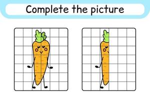 Complete the picture carrot. Copy the picture and color. Finish the image. Coloring book. Educational drawing exercise game for children vector