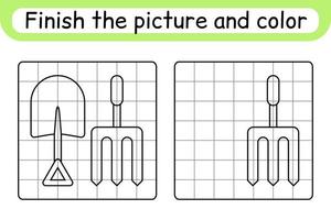 Complete the picture pitchfork and shovel. Copy the picture and color. Finish the image. Coloring book. Educational drawing exercise game for children vector