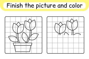 Complete the picture flower tulip. Copy the picture and color. Finish the image. Coloring book. Educational drawing exercise game for children vector