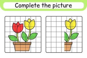 Complete the picture flower tulip. Copy the picture and color. Finish the image. Coloring book. Educational drawing exercise game for children vector