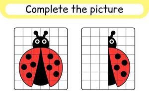 Complete the picture ladybug. Copy the picture and color. Finish the image. Coloring book. Educational drawing exercise game for children vector