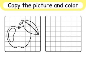 Copy the picture and color apple. Complete the picture. Finish the image. Coloring book. Educational drawing exercise game for children vector