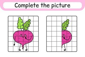 Complete the picture beetroot. Copy the picture and color. Finish the image. Coloring book. Educational drawing exercise game for children vector