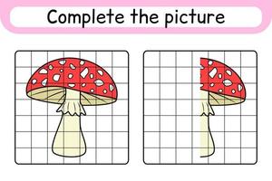 Complete the picture mushroom amanita. Copy the picture and color. Finish the image. Coloring book. Educational drawing exercise game for children vector