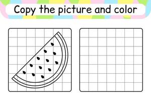 Copy the picture and color watermelon. Complete the picture. Finish the image. Coloring book. Educational drawing exercise game for children vector