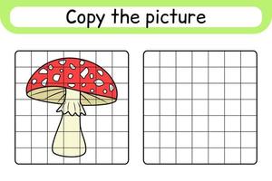 Copy the picture and color mushroom amanita. Complete the picture. Finish the image. Coloring book. Educational drawing exercise game for children vector