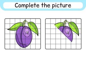 Complete the picture plum. Copy the picture and color. Finish the image. Coloring book. Educational drawing exercise game for children vector