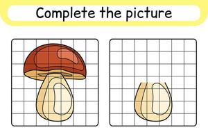 completa el cuadro seta boletus. copiar la imagen y el color. terminar la imagen. libro de colorear. juego educativo de ejercicios de dibujo para niños vector