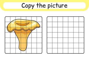 Copy the picture and color mushroom chanterelle. Complete the picture. Finish the image. Coloring book. Educational drawing exercise game for children vector