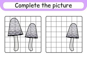 Complete the picture mushroom coprinus. Copy the picture and color. Finish the image. Coloring book. Educational drawing exercise game for children vector