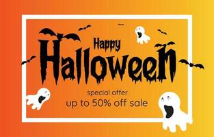 fondo de halloween ofertas especiales y descuentos en compras. banner horizontal de venta de halloween. ilustración vectorial promoción de vacaciones decorada con fantasmas y murciélagos de dibujos animados. vector