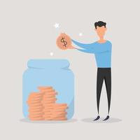 Man inserting cash into glass jar. Vector illustration for finance, deposit, economy, investment, banking, saving money concept.